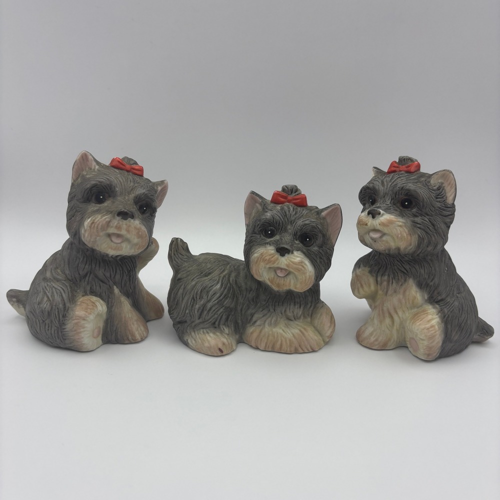 Homco Yorkie Puppy Dog Figurine Set of 3 Cute Yorkshire Terrier with Bow Decor